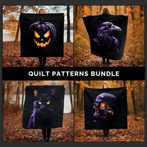 Könnte beinhalten: Ein Bundle von vier schwarzen Quilts mit Halloween-Motiven. Die Quilts zeigen einen Kürbis, einen Raben, eine schwarze Katze und einen Totenkopf. Der Text "QUILT PATTERNS BUNDLE" ist in Weiß dargestellt.