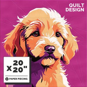 May include: A paper piecing quilt pattern featuring a stylized image of a golden dog's face on a magenta background. The pattern is 20 inches by 20 inches.