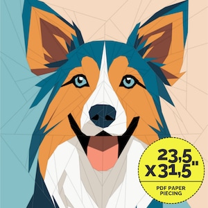 Könnte beinhalten: Ein Papier-Patchwork-Muster für einen Hund mit blauem, orangefarbenem, weißem und schwarzem Fell. Das Muster ist 23,5 Zoll mal 31,5 Zoll groß und enthält Anweisungen für PDF-Papier-Patchwork.