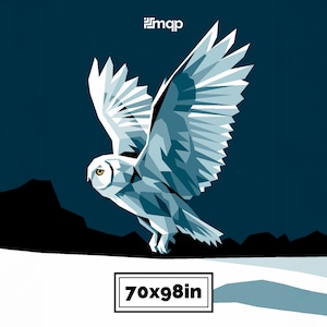 May include: A geometric illustration of a snowy owl in flight, with wings spread wide. The owl is depicted in shades of white and blue against a dark blue background. The image includes the text "70x98in". The dimensions are approximately 178cm x 249cm.