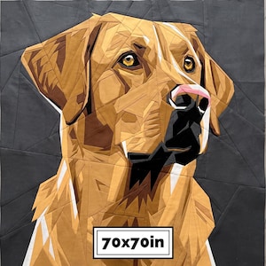 May include: A fabric quilt block featuring a geometric, pieced portrait of a golden-colored dog against a dark gray background. The dog has amber eyes and a black nose. A white rectangular label at the bottom displays the text 70x70in.