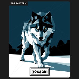 May include: A geometric FPP pattern illustration of a wolf in shades of blue, black, and white. The wolf has piercing yellow eyes and is walking forward. The text FPP PATTERN is at the top, and a box at the bottom displays the text 30x42in.