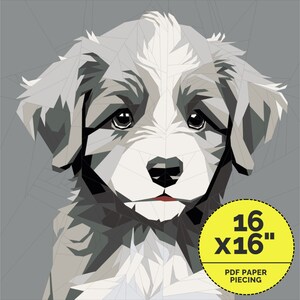 Puede incluir: Un patrón de patchwork de papel de un lindo cachorro con un esquema de color gris y blanco. El patrón mide 16 pulgadas por 16 pulgadas.