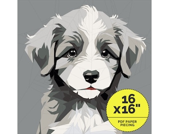 Puede incluir: Un patrón de patchwork de papel de un lindo cachorro con un esquema de color gris y blanco. El patrón mide 16 pulgadas por 16 pulgadas.