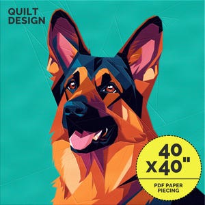 Puede incluir: Un diseño de colcha geométrico con un perro pastor alemán con un patrón abstracto colorido. La colcha mide 40 pulgadas por 40 pulgadas y está hecha con patchwork de papel.