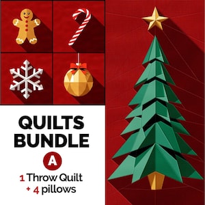 May include: A Christmas-themed quilt bundle featuring a green tree, gingerbread man, candy cane, snowflake, and bauble. The bundle includes one throw quilt and four pillows. The text "QUILTS BUNDLE A 1 Throw Quilt + 4 pillows" is displayed on the image.