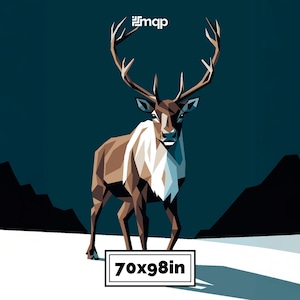 May include: Geometric illustration of a reindeer with large antlers, set against a dark blue background with a snowy foreground. The reindeer is brown and white. The image includes the text "70x98in".