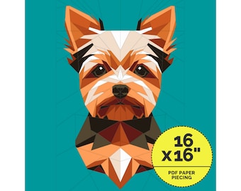Puede incluir: Un patrón de patchwork de papel geométrico de la cara de un Yorkshire Terrier. El patrón mide 40,6 cm por 40,6 cm y está impreso en un círculo amarillo con el texto "16 x 16" y "PDF Paper Piecing".