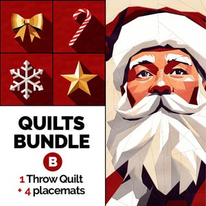 Op de afbeelding: Een feestelijke afbeelding met een illustratie van de kerstman en een "Quilts Bundle"-afbeelding. De bundel bevat een sprei en vier placemats, met feestelijke iconen zoals een strik, zuurstok, sneeuwvlok en ster op een rode achtergrond.