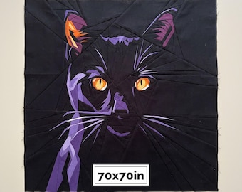 Black Cat Quilt Pattern PDF, 70x70″ – Velvet Cat Geometric Feline Portrait