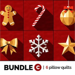May include: A set of six Christmas-themed pillow quilts. The quilts feature a gingerbread man, candy cane, ornament, bow, snowflake, and star. The quilts are all red with white and gold accents.
