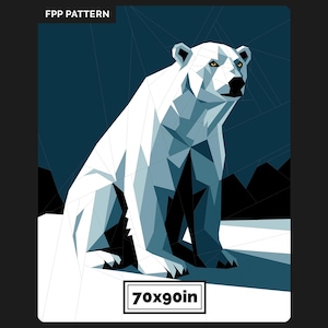 May include: A geometric FPP pattern illustration of a polar bear in shades of white, light blue, and dark blue. The design features sharp, angular shapes and includes the text FPP PATTERN at the top and 70x90in at the bottom.