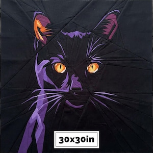 May include: A square fabric quilt block featuring a geometric pieced design of a black cat with bright orange eyes and purple highlights. The cat is constructed from angular fabric segments. A white label at the bottom displays the text 30x30in.