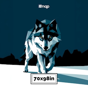 May include: A geometric illustration of a wolf in shades of blue and white, with yellow eyes, walking forward. The image includes the text "70x98in" in a white rectangle, indicating the dimensions of the artwork (178 x 249 cm).