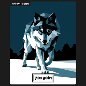 May include: A geometric FPP pattern featuring a wolf in shades of blue, black, and white. The wolf is depicted in a low-poly style with piercing yellow eyes. The text FPP PATTERN appears at the top, and the text 70x90in is at the bottom.