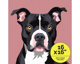Puede incluir: Un perro blanco y negro con ojos amarillos, en un estilo geométrico, con un fondo rosa. La imagen incluye el texto "16 x 16" y "PDF Paper Piecing".