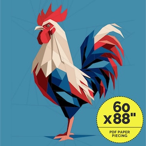 Pode incluir: Um padrão de patchwork geométrico de um galo em vermelho, branco e azul. O padrão mede 60 polegadas por 88 polegadas.