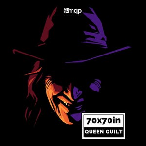 May include: A black queen-size quilt with a stylized illustration of a witch's face and hat. The witch's face is in orange, red, and purple. The quilt measures 177.8 x 177.8 cm.