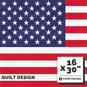 Puede incluir: Un diseño de acolchado de papel con una bandera estadounidense roja, blanca y azul. El diseño mide 40,6 cm por 76,2 cm.