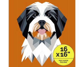 Puede incluir: Retrato geométrico de perro en tonos negro, gris y blanco, con lengua rosa, sobre fondo naranja. El diseño está etiquetado como "16 x 16 pulgadas" y "PDF PAPER PIECING". Las dimensiones son de aproximadamente 40,6 x 40,6 cm.