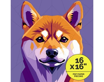 Puede incluir: Un patrón de patchwork geométrico de la cara de un perro Shiba Inu en tonos naranja, morado y blanco. El patrón mide 40,6 cm por 40,6 cm.