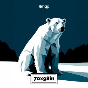 May include: Geometric illustration of a polar bear in white and blue tones, set against a dark blue backdrop. The artwork includes the text "70x98in" (178x249cm) in a white box, and a logo in the top left corner.