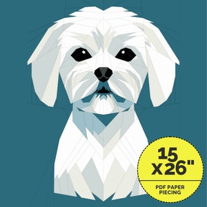 May include: A white Maltese dog with black eyes, a pink nose, and a white background. The dog is 15 inches by 26 inches and is a PDF paper piecing pattern.