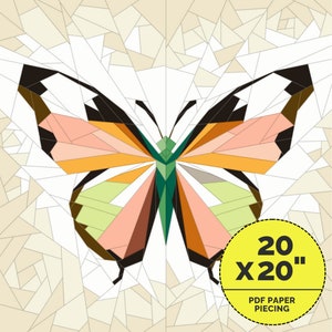 Peut inclure: Un motif de courtepointe géométrique de papillon coloré avec un cercle jaune qui dit "20 x 20" et "PDF Paper Piecing".