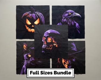 Halloween Quilt Patterns Bundle – raven, witch, pumpkin, cat, skull paper piecing patterns