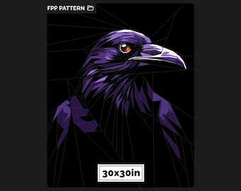 May include: A digital graphic pattern featuring a stylized raven in shades of purple and black with geometric lines. The text FPP PATTERN is at the top left, and a white box at the bottom displays the dimensions 30x30in.