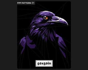 May include: A geometric FPP pattern featuring a stylized raven in shades of purple and black. The design includes an orange eye and a sharp beak. The text FPP PATTERN is at the top, and a white box at the bottom displays the dimensions 50x50in.