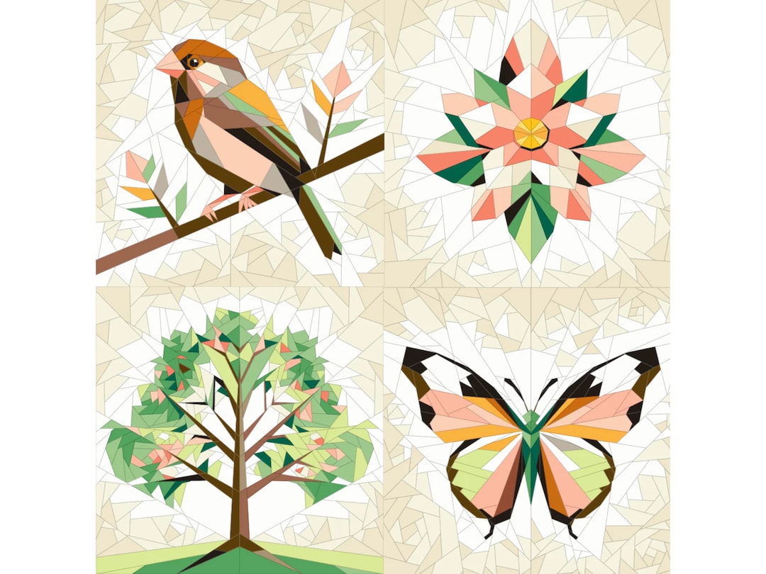 Spring Bird, Butterfly, Flower, Tree Quilt Pattern (PDF Pattern), 20x20 ...