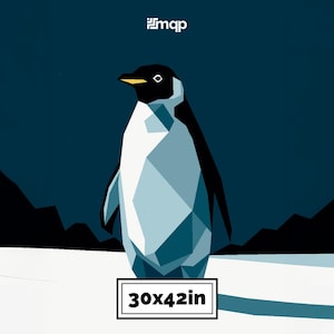 Puede incluir: Ilustración geométrica de un pingüino con cabeza y alas negras, pecho blanco y pico amarillo. El pingüino se encuentra sobre un fondo azul oscuro con un primer plano blanco. La imagen está etiquetada como "30x42in", que son aproximadamente 76x107cm.