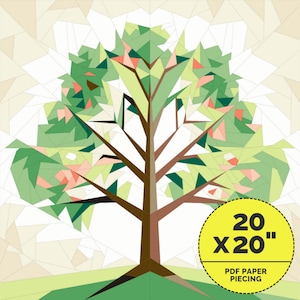 Puede incluir: Un patrón de patchwork de papel geométrico de un árbol verde con flores rosas. El patrón mide 20 pulgadas por 20 pulgadas.  PDF Paper Piecing.