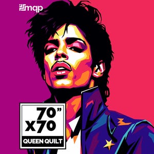 Puede incluir: Colcha queen size de estilo pop art con un retrato colorido de un músico. La colcha mide 178 cm por 178 cm. El músico tiene cabello oscuro y lleva una chaqueta morada y azul con una estrella dorada.