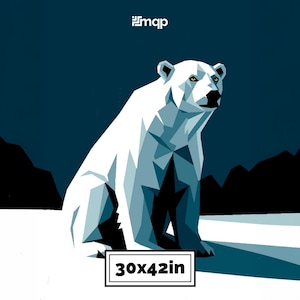May include: Geometric illustration of a polar bear in shades of white and blue, set against a dark blue background. The artwork is labeled with dimensions of 30x42 inches.