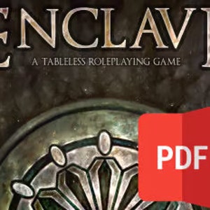 May include: A PDF cover for a tableless roleplaying game called "Enclave". The cover features a circular, metallic design with a central, ornate pattern.