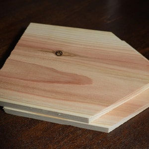 May include: Two pieces of unfinished, light brown wood are stacked on top of each other. The wood is cut into a hexagonal shape. A small screw is visible in the top piece of wood.