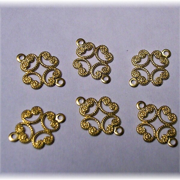 Six Brass Filligree Connector Drops Two Loops
