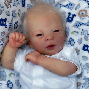 May include: A realistic baby doll with fair skin, closed eyes, and a white onesie. The doll is lying on a white and blue patterned blanket.