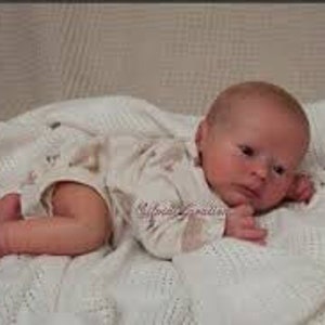 May include: A realistic baby doll with a light brown complexion, brown eyes, and a light brown wig. The doll is wearing a white and brown patterned onesie and is lying on a white blanket.