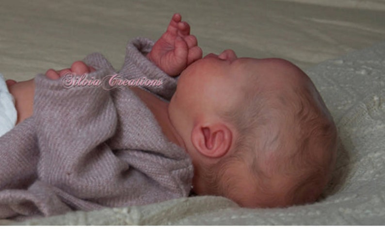 May include: A close-up of a sleeping baby doll with realistic features, wearing a soft, light pink knitted sweater. The doll has a delicate, lifelike appearance.