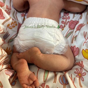 May include: A baby doll, lying prone, wearing a white nappy. The doll is on a floral patterned blanket. The text "Janna's Baby Studio" is visible.