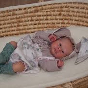 May include: A newborn baby wearing a light gray hooded onesie with a white and gray floral print, a white hat, and teal knitted leg warmers, lying in a woven wicker bassinet.