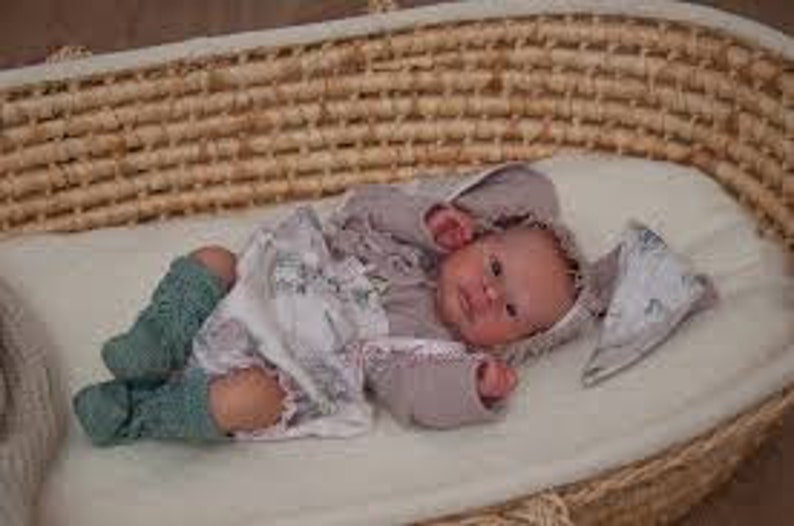 May include: A newborn baby wearing a light gray hooded onesie with a white and gray floral print, a white hat, and teal knitted leg warmers, lying in a woven wicker bassinet.