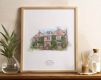 Wedding Venue Watercolour Portrait, Wedding Gift, Unique Wedding venue print, Anniversary Present, Personalised Drawing, Painting from Photo