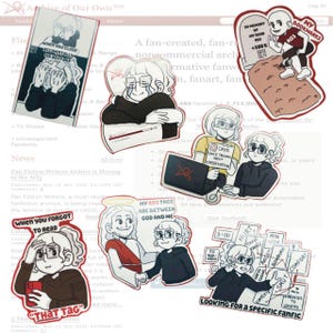 May include: A collection of colorful stickers featuring cartoon illustrations. The stickers depict various scenes with text, including phrases like "When you close accidentally," "My Bookmarks," and "Looking for a specific fanfic." The overall theme is related to fanfiction.