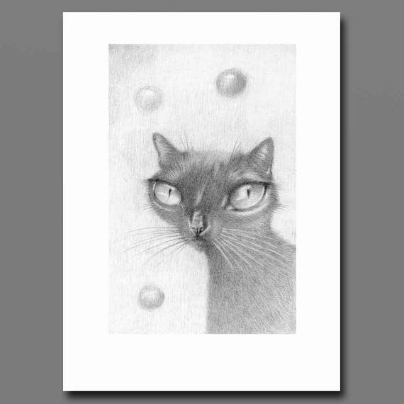 black cat art print from original black cat drawing big eyes etsy