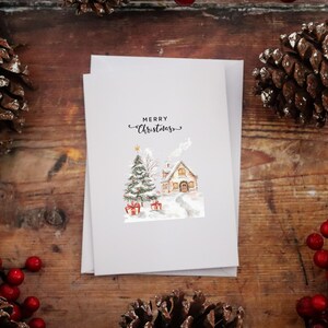 Retro Digital Card, Printbale Christmas Greeting Card, Snow Covered House , Wintery Forest Card, Digital Download, Classic Aesthetics Cards