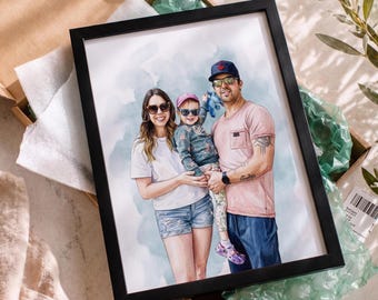 Personalized family portrait from photo , Custom watercolor painting, Handmade art print